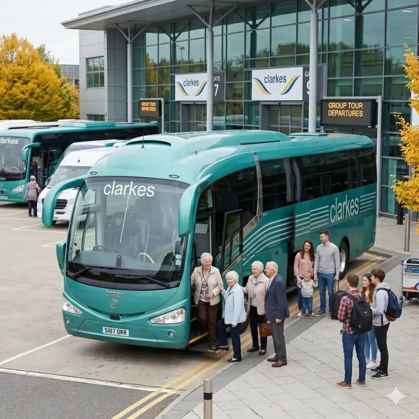 Group travel coach service showing passengers beside a modern green coach outside a station